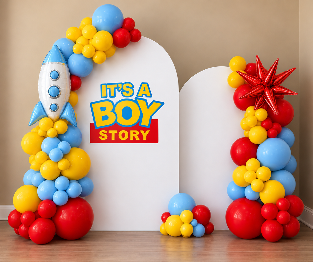 It's A Boy Story Themed Balloon Arch with Balloon Garlands