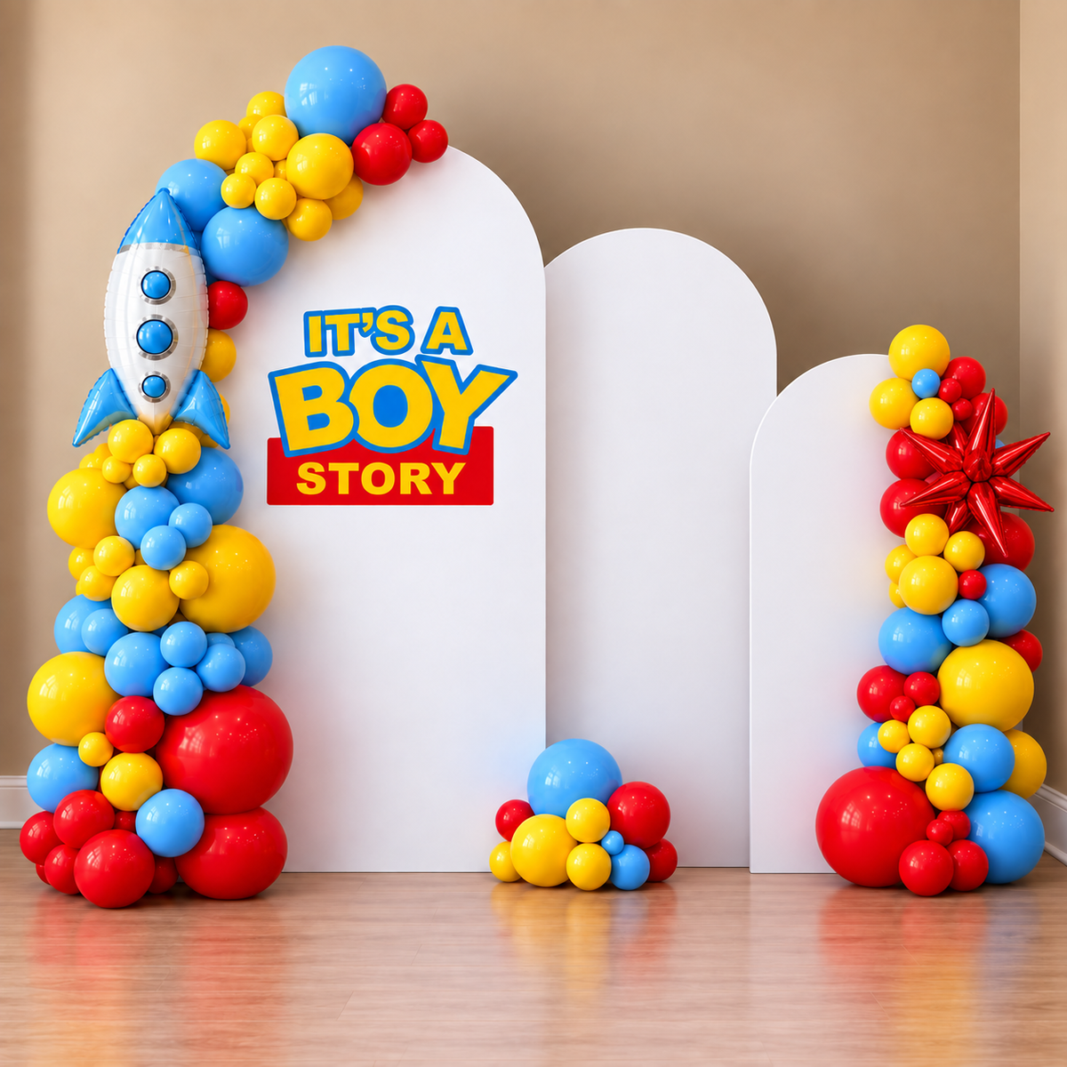 It's A Boy Story Themed Balloon Arch with Balloon Garlands
