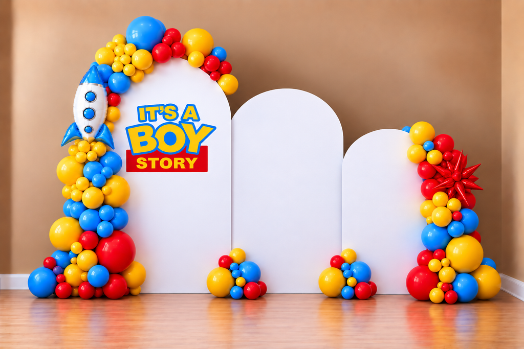 It's A Boy Story Themed Balloon Arch with Balloon Garlands