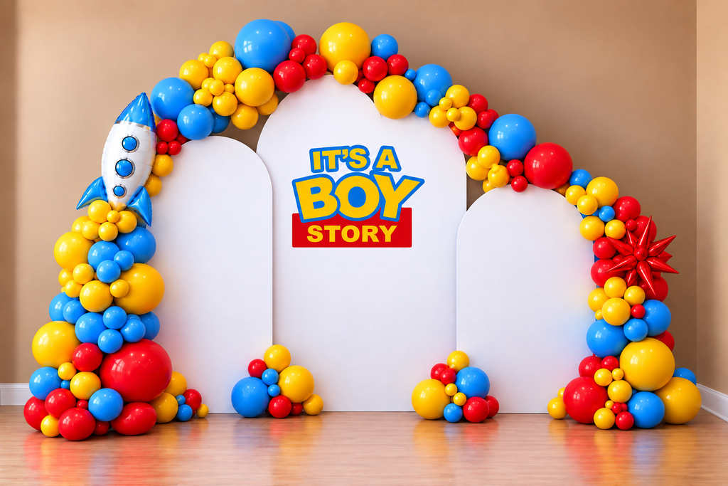 It's A Boy Story Themed Balloon Arch with Balloon Garlands